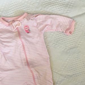 Pink striped footed onesie with owl and zipper.